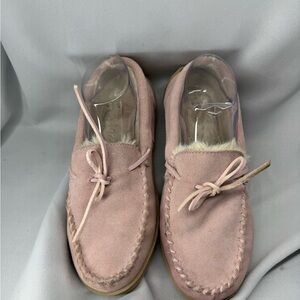 "My Pillow" Pink Suede Leather w/ Faux Fur Lined Moccasins -Sz 8-9